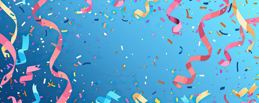 Colorful confetti and streamers against a blue background, perfect for celebration and party themes.