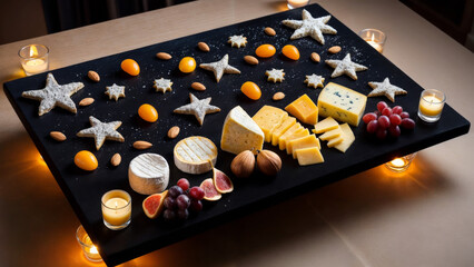 Himmlischer Käseteller: Eine Käseplatte, die dem Nachthimmel mit Sternen und Sternbildern aus Früchten und Nüssen nachempfunden ist.