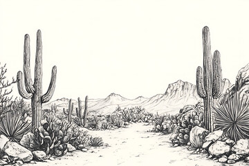 Sketch of the desert of America with cacti. Prairie landscape. Hand drawn vector illustration