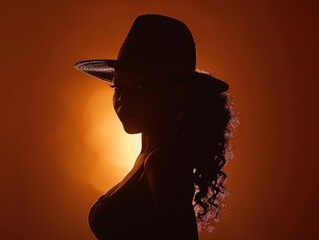 Medium shot of black silhouette of a girl in a panama hat frame by torso, themed background 