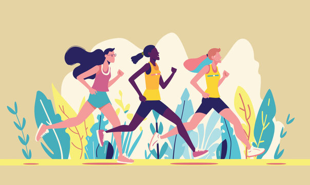 Four diverse runners engaged marathon race. Group athletes, female runners different ethnicities competing. Multiethnic women marathon runners, outdoor activity, exercise endurance