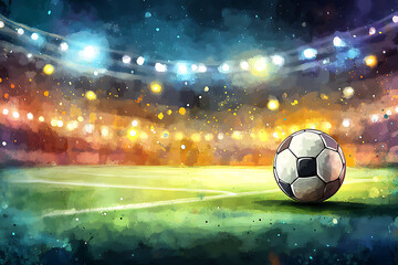 Fototapeta premium Football arena field with bright stadium lights vector design. Football stadium soccer with football, stadium lights at night 3d render with dark sky