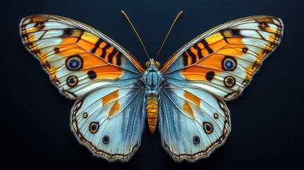symmetrical, realistic photo of an exotic butterfly, full body, spread out taxidermy body