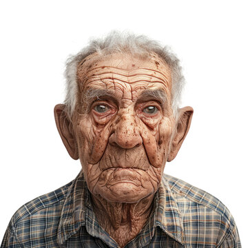 Elderly man showing signs of confusion or dementia, against a white background.