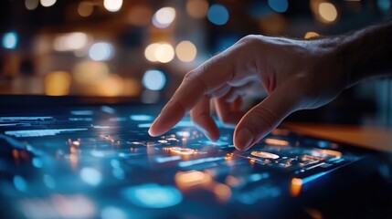 A close-up of a hand interacting with a futuristic touchscreen interface illuminated with vibrant lights.