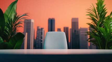 A serene balcony view featuring a modern chair surrounded by lush plants and a stunning cityscape at sunset.