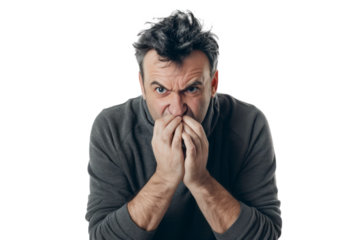 Portrait of a man biting his nails, showing nervous anxiety, on a white background.