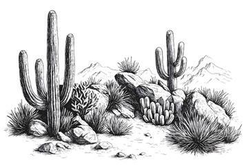Sketch of the desert of America with cacti. Prairie landscape. Hand drawn vector illustration