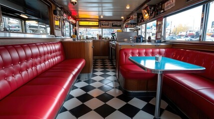 A vibrant diner interior featuring red booths, checkered flooring, and a bright atmosphere ideal for casual dining.