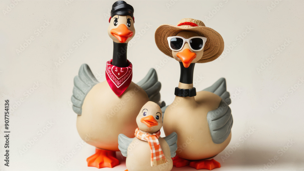 Poster a group of three ducks with hats and sunglasses standing next to each other, ai