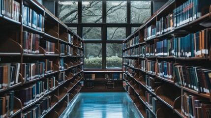 Fototapeta premium Bookshelves in a Library with a Window View.