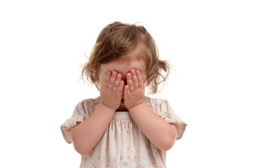 Tearful toddler on a white background, hands covering her face, expressing sadness and despair.
