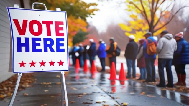Line of Voters Waiting to Cast Their Ballots Under a 'Vote Here' Sign