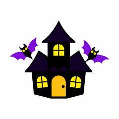 A spooky haunted house with glowing windows and bats