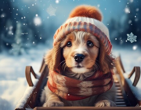 A dog wearing a winter hat and scarf, sitting in a sled surrounded by snow