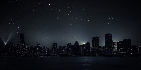 Fototapeta premium A city skyline at night during a blackout, with dark streets and only stars brightly shining in the clear sky.