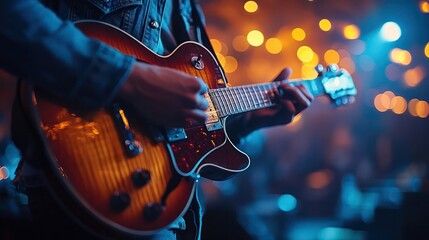 Obraz premium A musician playing the guitar on stage, capturing the passion and energy of live performance.