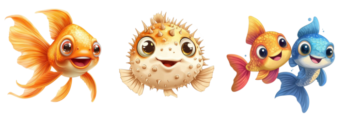 Cartoon Style fishes on solid white background 