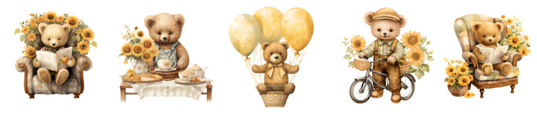 Adorable Cartoon Bears in Various Cute and Romantic Scenes with sunflowers on a white background, PNG