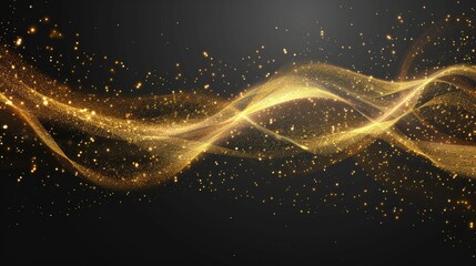 Shining golden wavy lines of light, golden wave lights, golden star dust traces of isolated...