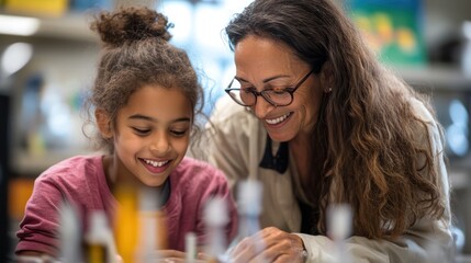 A teacher helping a student with a science project in a classroom, representing education and mentorship.
