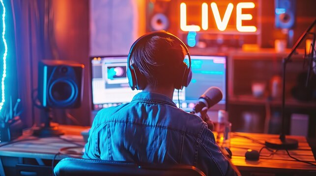 A man white male live streamer is streaming online. It uses a private studio and podcast microphone that can be seen from behind.