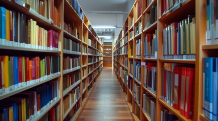 Rows of books in a library.