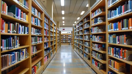 Blurred bookshelves in a library.