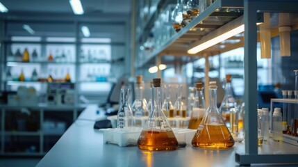 Chemical laboratory with beakers and flasks.