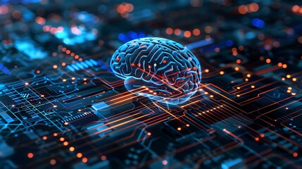 Digital brain displayed on circuit board with neural connections for artificial intelligence and technology integration machine learning and automation concept.