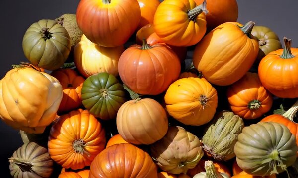 Cornucopia, Thanksgiving Day A pile of pumpkins of various colors and sizes. Concept of abundance and harvest season