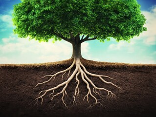 Agricultural style Green canopy tree, planted in the soil, roots spreading into the soil. The roots are seen criss-crossing the ground