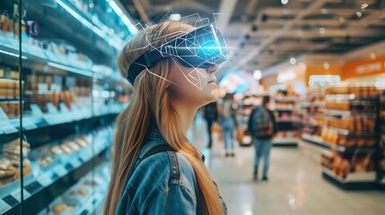 Woman wearing VR goggles shops in a supermarket, exploring the possibilities of virtual reality in retail.
