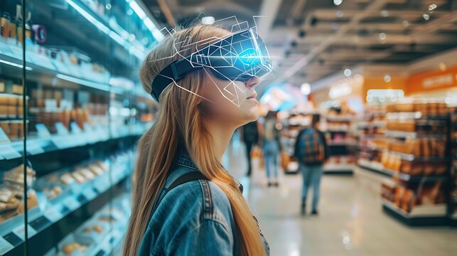Woman wearing VR goggles shops in a supermarket, exploring the possibilities of virtual reality in retail.