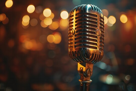 Vintage Motown style gold microphone on stage Looking out at the bustling theater with bokeh people