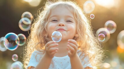 Child blowing bubbles in the garden, having fun and smiling.