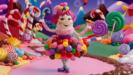 Fototapeta premium A doll dressed in a pink dress and surrounded by candy, AI
