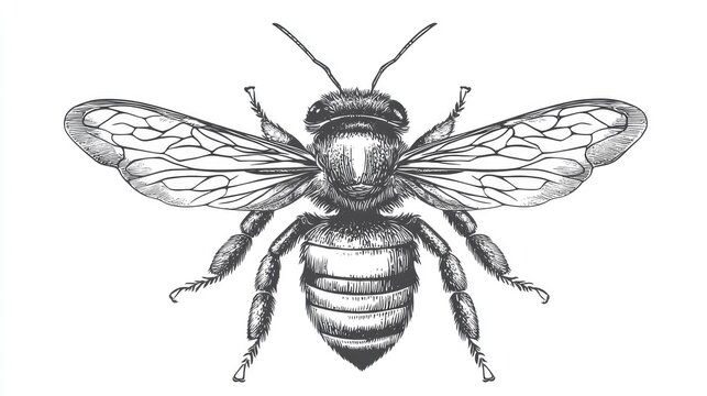 recommend clip art: Detailed Hand Drawn Black and White Illustration of a Honey Bee with Spread Wings