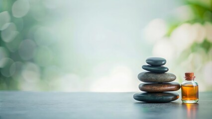 Obraz premium Zen Stones with Aromatherapy Oil and Copy Space 