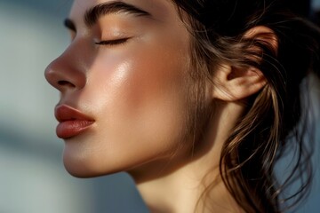 Close-up portrait of a serene young woman with glowing skin in natural soft light. Beauty and skincare highlight. Perfect for wellness, beauty, or skincare concepts. Luxurious style. AI