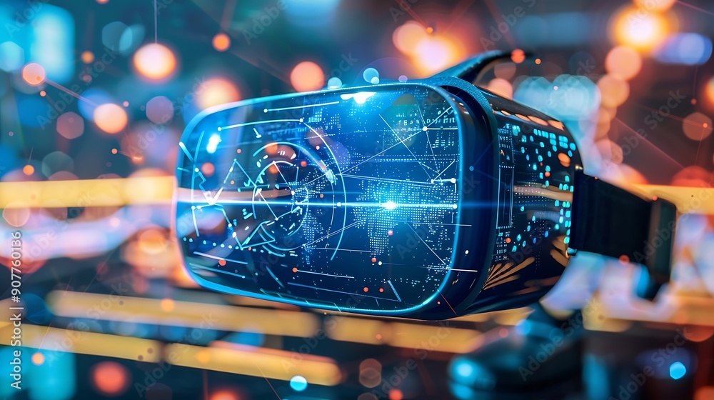 Poster close up of a virtual reality headset displaying a futuristic digital interface with a world map and