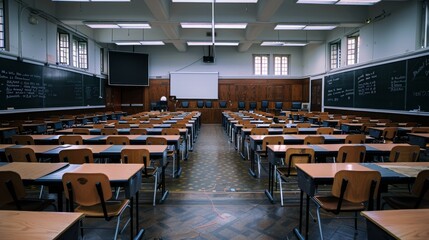 Empty Classroom Desks and Chairs.