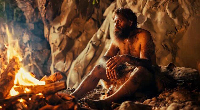 Image of a prehistoric man with primitive attire sitting inside a cave by a campfire. The caveman appears pensive as he observes the flames.