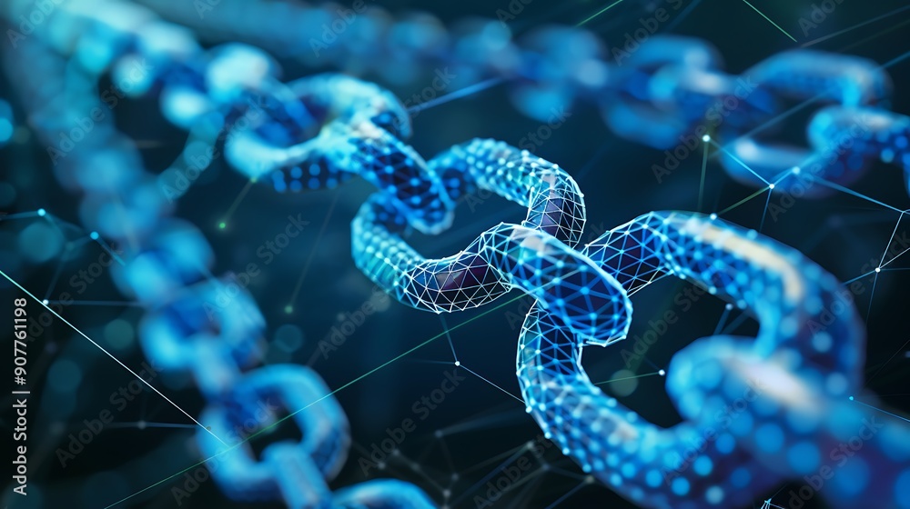 Poster close up 3d rendering of a chain composed of glowing blue links connected by a digital network of li