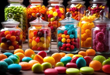 colorful array vibrant sweets displayed glass jars various shapes sizes festive treat experience, rainbow, lgbtq, lgbt, pride, love, equality, candy