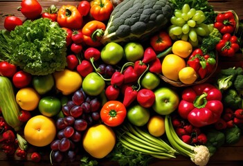 aerial perspective vibrant fresh produce displayed bright colors lively arrangements, drone, fruits, vegetables, organic, market, harvest, farm, nature