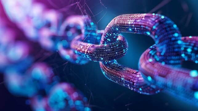 Close-up view of digital chain with glowing blue and purple links for representing blockchain technology data security network connectivity and encryption concept.