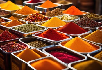 Fototapeta premium vibrant display colorful spices decorative glass containers showcasing variety textures hues, jar, herb, seasoning, pepper, ginger, cumin, turmeric