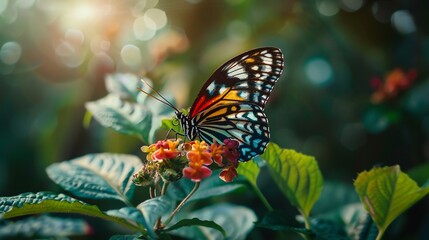 Fototapeta premium Exotic butterfly with beautiful colors on its leaves