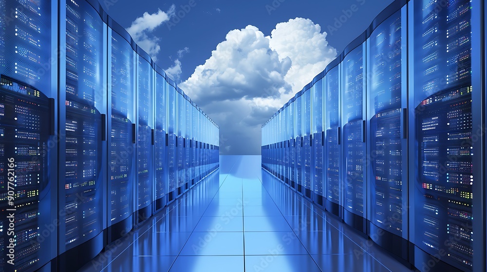 Poster rows of illuminated servers in a server room a visual representation of the digital backbone of mode
